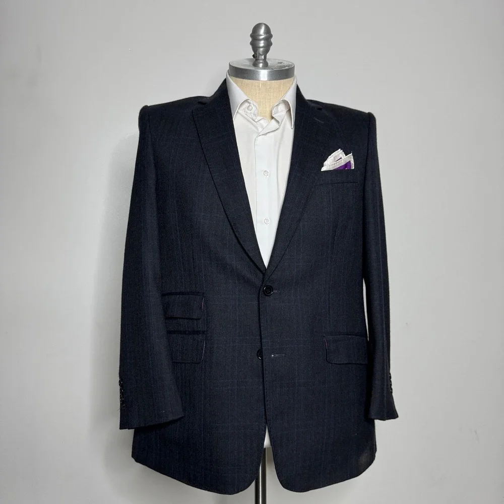 Custom Tailored Jacket Mens 44R Charcoal Grey Herringbone Windowpane Blazer